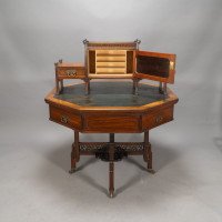 Thomas Jeckyll Attributed, Made by William Walker & Sons. Rare Anglo-Japanese Octagonal Walnut Partner Desk - Thumbnail 3