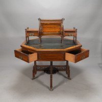 Thomas Jeckyll Attributed, Made by William Walker & Sons. Rare Anglo-Japanese Octagonal Walnut Partner Desk - Thumbnail 2