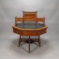 Thomas Jeckyll Attributed, Made by William Walker & Sons. Rare Anglo-Japanese Octagonal Walnut Partner Desk - Thumbnail 7