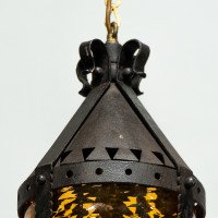 A Large Arts & Crafts Iron Lantern Retaining the Original Dappled Amber Shade - Thumbnail 3