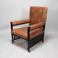 E. W. Godwin Design. Attributed. Anglo-Japanese Armchair with Slightly Curved Pagoda Shaped Arms & Fine Lattice Detailing - Thumbnail 3
