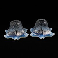 Rare Pair of Vaseline Flower Head Shades with Ruffled Rims & Micro-dot Textured Surfaces - Thumbnail 1