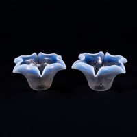 Rare Pair of Vaseline Flower Head Shades with Ruffled Rims & Micro-dot Textured Surfaces - Thumbnail 2