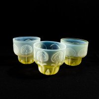 Arts & Crafts, c.1900 Set of Three Peacock Feather Vaseline Glass Shades - Thumbnail 2