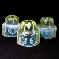 Arts & Crafts, c.1900 Set of Three Peacock Feather Vaseline Glass Shades