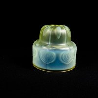Arts & Crafts, c.1900 Set of Three Peacock Feather Vaseline Glass Shades - Thumbnail 11