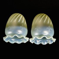 Rare Pair of Vaseline Shades with Acid Etched Fleur-de-Lys
