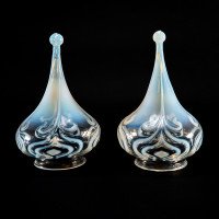 Arts & Crafts Vaseline Glass Teardrop Shades, Stylised Peacock Motifs