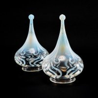 Arts & Crafts Vaseline Glass Teardrop Shades, Stylised Peacock Motifs - Thumbnail 2