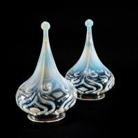 Arts & Crafts Vaseline Glass Teardrop Shades, Stylised Peacock Motifs - Thumbnail 3