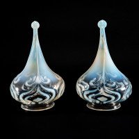 Arts & Crafts Vaseline Glass Teardrop Shades, Stylised Peacock Motifs - Thumbnail 4