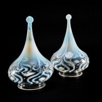 Arts & Crafts Vaseline Glass Teardrop Shades, Stylised Peacock Motifs - Thumbnail 5