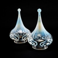 Arts & Crafts Vaseline Glass Teardrop Shades, Stylised Peacock Motifs - Thumbnail 6