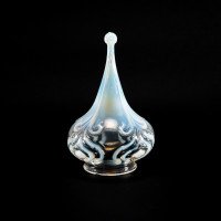 Arts & Crafts Vaseline Glass Teardrop Shades, Stylised Peacock Motifs - Thumbnail 9