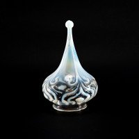 Arts & Crafts Vaseline Glass Teardrop Shades, Stylised Peacock Motifs - Thumbnail 10