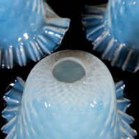 A Set of Six Opalescent Blue Vaseline Glass Shades with Textured Design & Delicately Ruffled Edges - Thumbnail 8