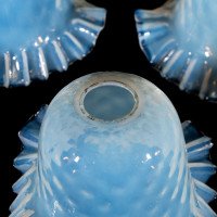 A Set of Six Opalescent Blue Vaseline Glass Shades with Textured Design & Delicately Ruffled Edges - Thumbnail 9