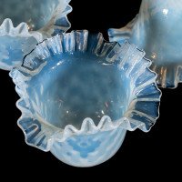 A Set of Six Opalescent Blue Vaseline Glass Shades with Textured Design & Delicately Ruffled Edges - Thumbnail 11