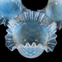 A Set of Six Opalescent Blue Vaseline Glass Shades with Textured Design & Delicately Ruffled Edges - Thumbnail 12