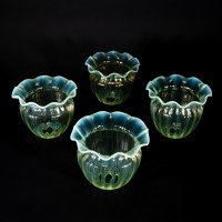 A Set of Four Vaseline Glass Shades with a Stylised Ribbed Pattern and Elegantly Scalloped Rims - Thumbnail 2