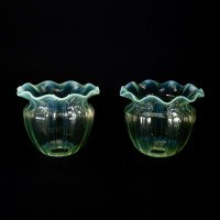 A Set of Four Vaseline Glass Shades with a Stylised Ribbed Pattern and Elegantly Scalloped Rims - Thumbnail 4