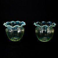 A Set of Four Vaseline Glass Shades with a Stylised Ribbed Pattern and Elegantly Scalloped Rims - Thumbnail 5