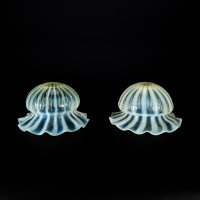 Pair of Vaseline Glass Shades with Radiating Stripes and Ruffled Rims c.1900