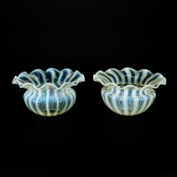 Pair of Vaseline Glass Shades with Radiating Stripes and Ruffled Rims c.1900 - Thumbnail 2