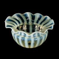 Pair of Vaseline Glass Shades with Radiating Stripes and Ruffled Rims c.1900 - Thumbnail 7