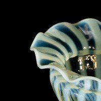 Pair of Vaseline Glass Shades with Radiating Stripes and Ruffled Rims c.1900 - Thumbnail 10