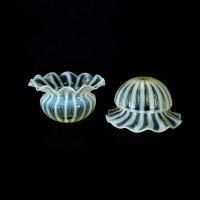 Pair of Vaseline Glass Shades with Radiating Stripes and Ruffled Rims c.1900 - Thumbnail 13