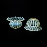 Pair of Vaseline Glass Shades with Radiating Stripes and Ruffled Rims c.1900 - Thumbnail 14