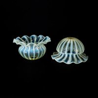 Pair of Vaseline Glass Shades with Radiating Stripes and Ruffled Rims c.1900 - Thumbnail 17