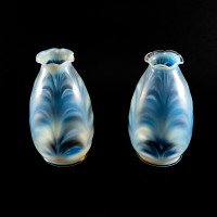 A Pair of Opalescent Glass Shades with Striking Feathered Patterns & Flared Petal-Shaped Rim - Thumbnail 1