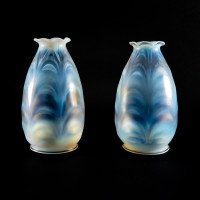 A Pair of Opalescent Glass Shades with Striking Feathered Patterns & Flared Petal-Shaped Rim - Thumbnail 2