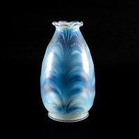 A Pair of Opalescent Glass Shades with Striking Feathered Patterns & Flared Petal-Shaped Rim - Thumbnail 7