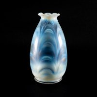 A Pair of Opalescent Glass Shades with Striking Feathered Patterns & Flared Petal-Shaped Rim - Thumbnail 14