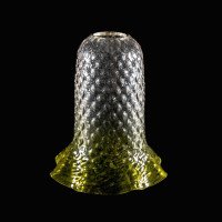 A Vaseline Glass Shade with Textured Honeycomb Pattern and Gently Ruffled Green Rim - Thumbnail 1