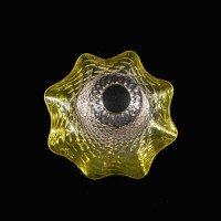 A Vaseline Glass Shade with Textured Honeycomb Pattern and Gently Ruffled Green Rim - Thumbnail 8