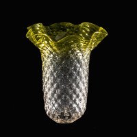 A Vaseline Glass Shade with Textured Honeycomb Pattern and Gently Ruffled Green Rim - Thumbnail 9