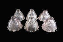 Set of Six Clear Ribbed Glass Shades with Bell Shape and Ruffled Rims c.1900 - Thumbnail 2