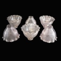 Set of Six Clear Ribbed Glass Shades with Bell Shape and Ruffled Rims c.1900 - Thumbnail 5