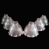 Set of Six Clear Ribbed Glass Shades with Bell Shape and Ruffled Rims c.1900 - Thumbnail 6