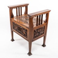 A. W. Simpson Attributed, Arts & Crafts Oak Piano Stool with Carved Floral Decoration - Thumbnail 4