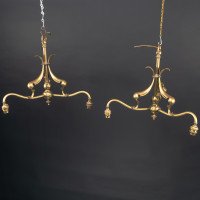 Arts & Crafts, Pair of Brass Three-Branch Ceiling Lights, c.1900 - Thumbnail 2