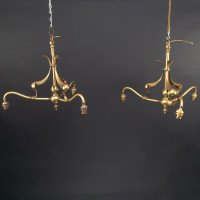 A Nice Quality Pair of Arts & Crafts Brass Three Branch Ceiling Lights - Thumbnail 3