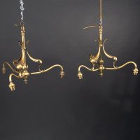 A Nice Quality Pair of Arts & Crafts Brass Three Branch Ceiling Lights - Thumbnail 4