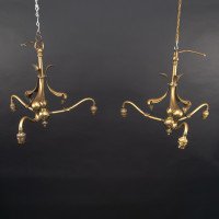 A Nice Quality Pair of Arts & Crafts Brass Three Branch Ceiling Lights - Thumbnail 17