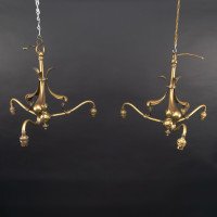 A Nice Quality Pair of Arts & Crafts Brass Three Branch Ceiling Lights - Thumbnail 19