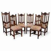 Set of Six English Arts & Crafts Oak Dining Chairs with Carved Floral Roundels